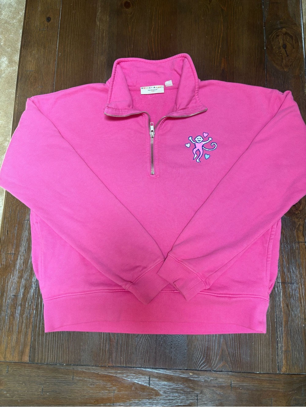 Roller Rabbit Monkey Love Pink Half Zip Cropped Pullover Sweatshirt Size XS